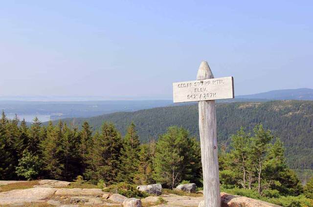A wooden trail sign for "Cedar Swamp Mtn." overlooking a forested valley and distant bay