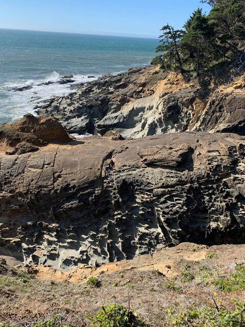 Weathered sandstone cliffs along the shoreline at Cape Sebastian