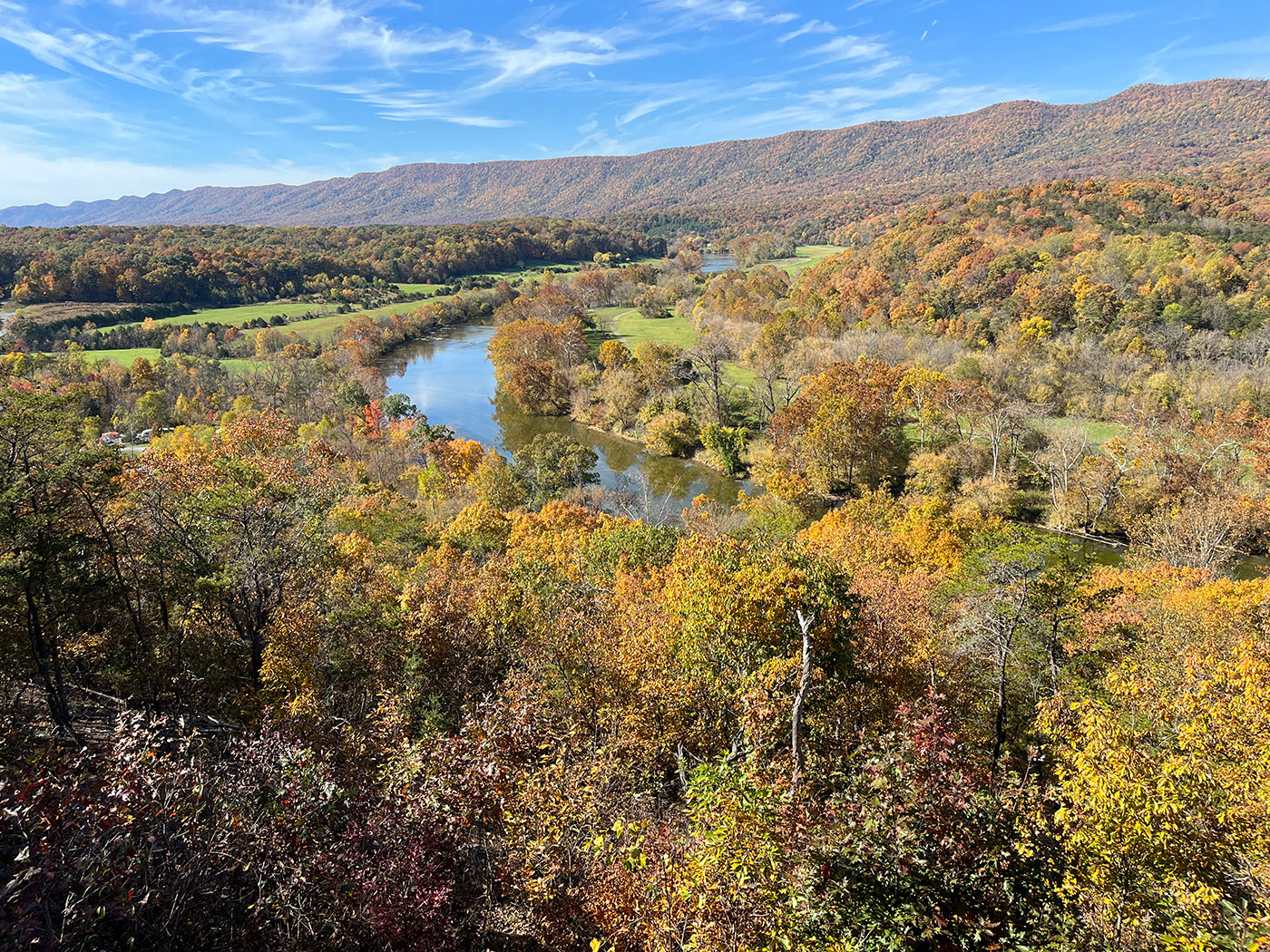 The Shenandoah River winding through fall foliage at Shenandoah River State Park
