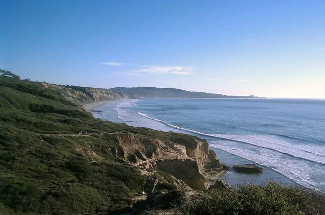 A sweeping view of the Torrey Pines coastline, with cliffs curving along the Pacific Ocean