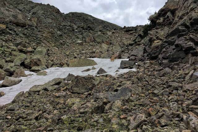A rocky, snow-patched gully with Teddy standing as a small distant figure on a snowfield, framed by boulders