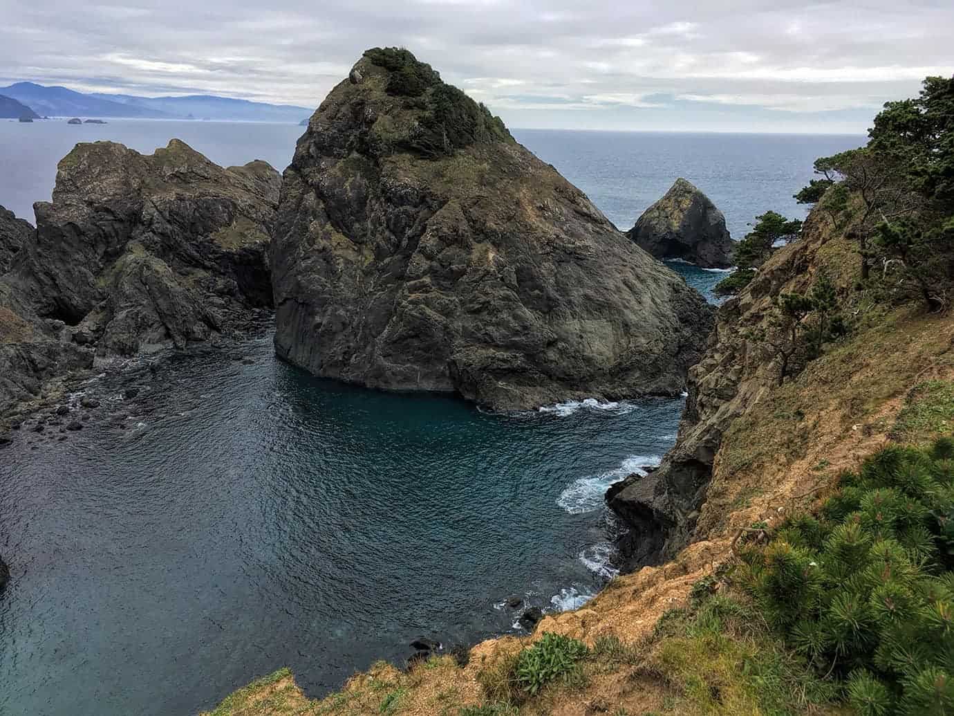 A large tree-topped sea stack rising from a deep blue cove, framed by rocky cliffs and pine-covered slopes