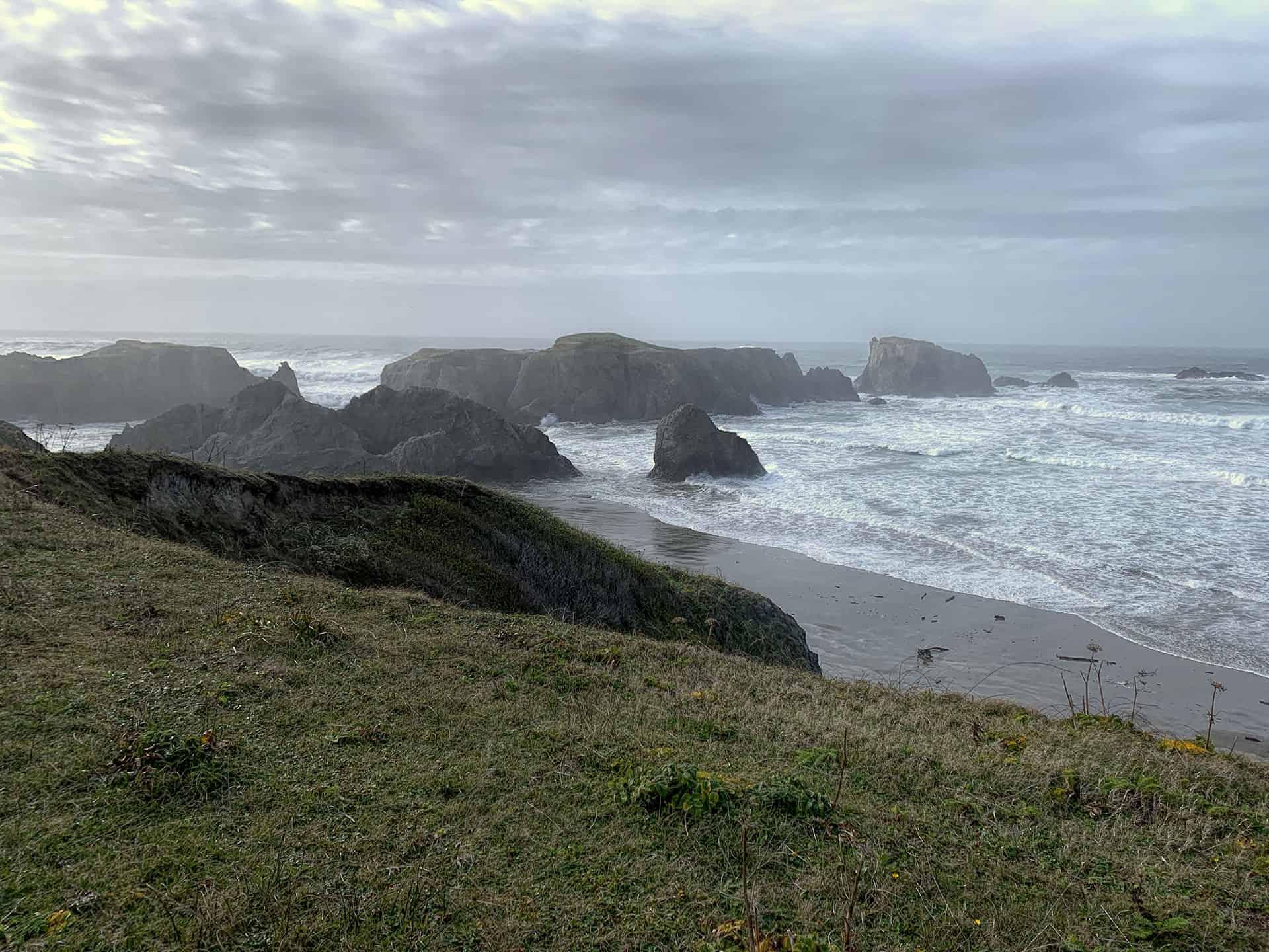 Rocky sea stacks rising from the surf at Bandon, Oregon