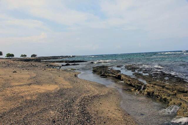 A sandy cove with scattered trees along the shoreline at Kekaha Kai State Park
