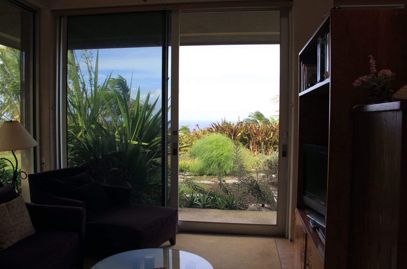 Interior view through sliding glass doors overlooking a lush garden with palm trees and ocean beyond