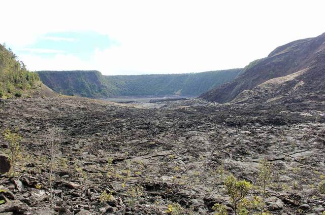 Descending onto the cracked lava floor of the Kilauea Iki crater