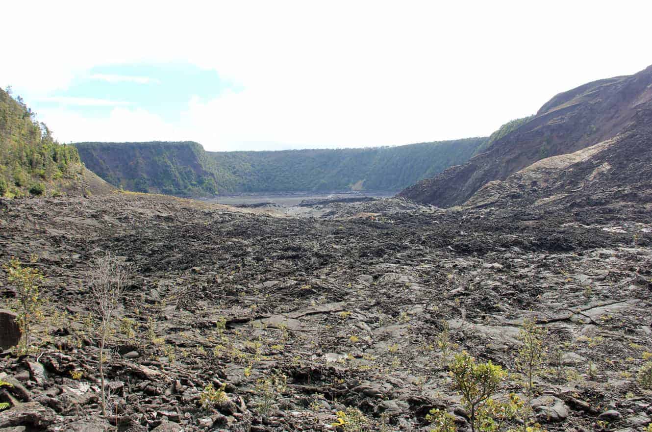 Descending onto the cracked lava floor of the Kilauea Iki crater