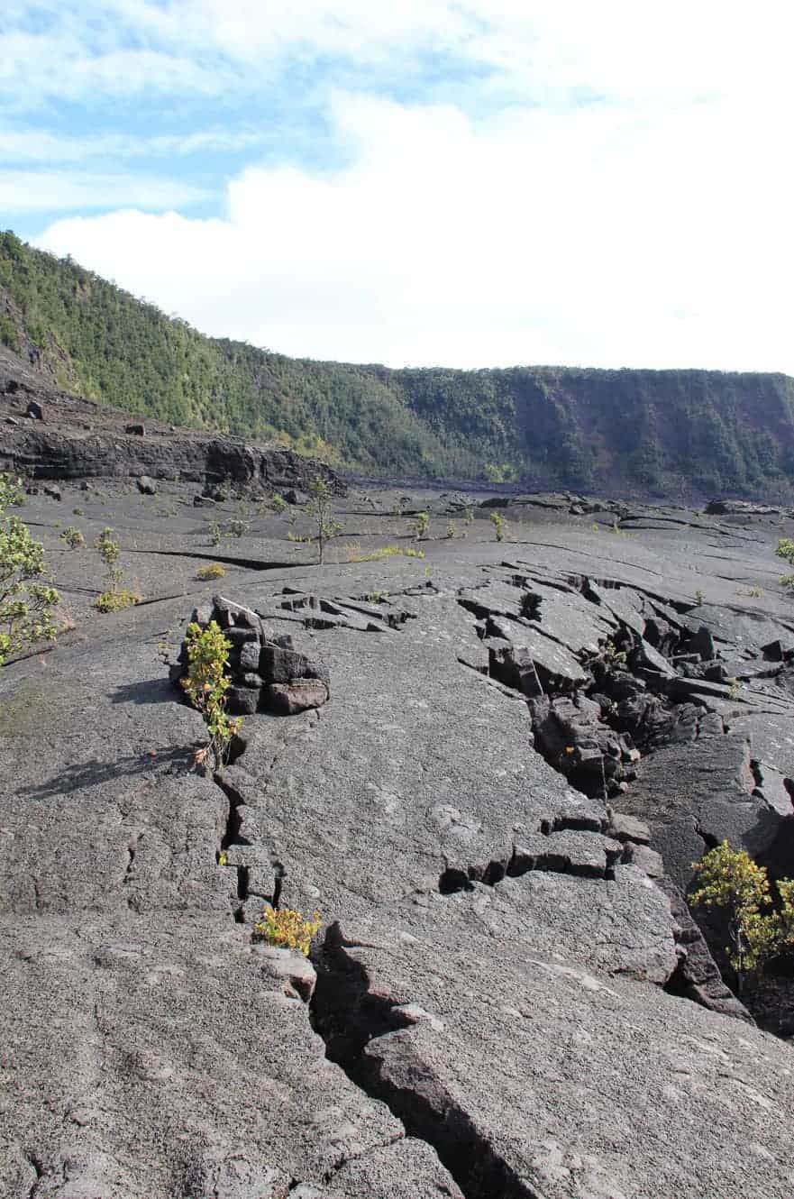 Cracked, textured pahoehoe lava crossing the Kilauea Iki crater floor