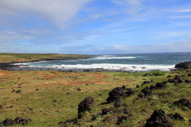 A grassy volcanic coastline with waves rolling into a rocky cove